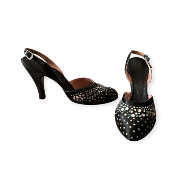 Vintage Saks-Fifth Avenue/Fenton Footwear Black Satin Beaded Slingback Pumps, 8A - Picture 3 of 15